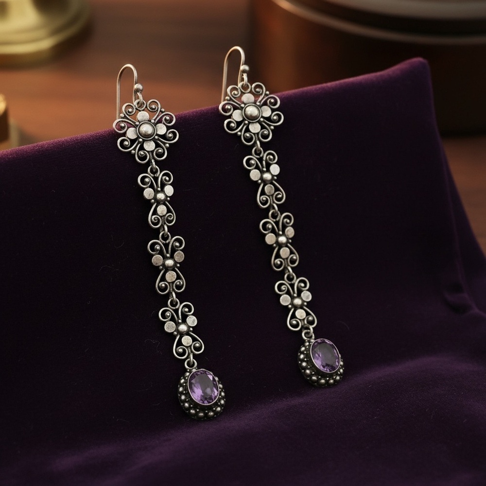 Gorgeous pair of Silver and Purple Floral Drop Earrings 45 grams​​​
